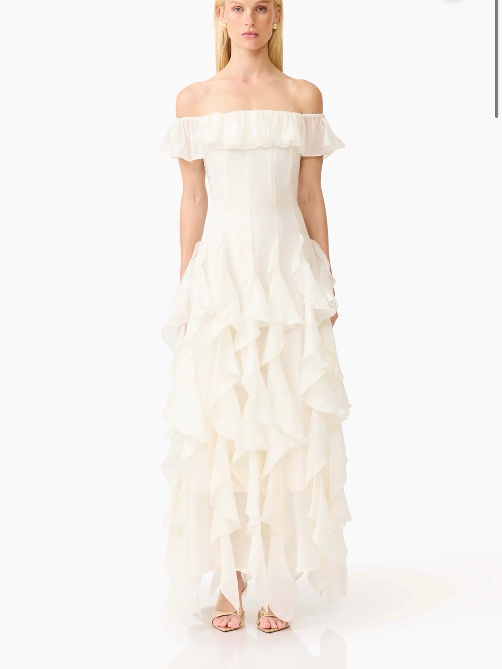 Elliatt Ivory Off-Shoulder Ruffle Maxi Dress